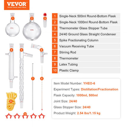 VEVOR laboratoriumdestillatiekit, 3.3 Boro laboratoriumglasdestillatiekit met 24 en 40 verbindingen, 1000 ml etherische oliedestillatieapparatuurset, 14-delige glaswerkset