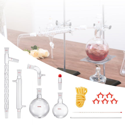 VEVOR laboratoriumdestillatiekit, 3.3 Boro laboratoriumglasdestillatiekit met 24 en 40 verbindingen, 1000 ml etherische oliedestillatieapparatuurset, 14-delige glaswerkset