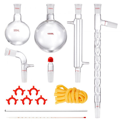 VEVOR laboratoriumdestillatiekit, 3.3 Boro laboratoriumglasdestillatiekit met 24 en 40 verbindingen, 1000 ml etherische oliedestillatieapparatuurset, 14-delige glaswerkset