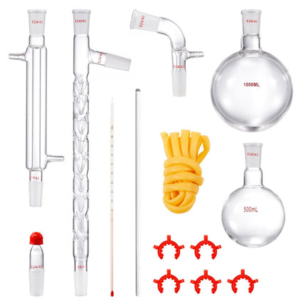 VEVOR laboratoriumdestillatiekit, 3.3 Boro laboratoriumglasdestillatiekit met 24 en 40 verbindingen, 1000 ml etherische oliedestillatieapparatuurset, 14-delige glaswerkset