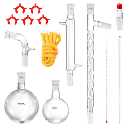 VEVOR laboratoriumdestillatiekit, 3.3 Boro laboratoriumglasdestillatiekit met 24 en 40 verbindingen, 1000 ml etherische oliedestillatieapparatuurset, 14-delige glaswerkset