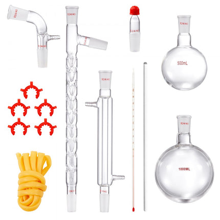 VEVOR laboratoriumdestillatiekit, 3.3 Boro laboratoriumglasdestillatiekit met 24 en 40 verbindingen, 1000 ml etherische oliedestillatieapparatuurset, 14-delige glaswerkset