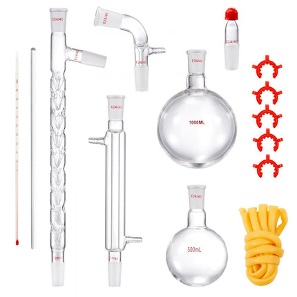 VEVOR laboratoriumdestillatiekit, 3.3 Boro laboratoriumglasdestillatiekit met 24 en 40 verbindingen, 1000 ml etherische oliedestillatieapparatuurset, 14-delige glaswerkset