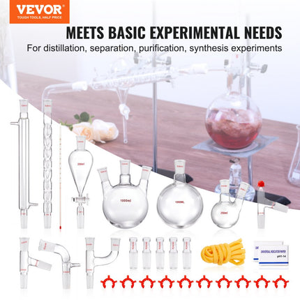 VEVOR laboratoriumdestillatiekit, 3.3 Boro laboratoriumglasdestillatiekit met 24 en 40 verbindingen, 1000 ml etherische oliedestillatieapparatuurset, 29-delige glaswerkset