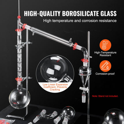 VEVOR laboratoriumdestillatiekit, 3.3 Boro laboratoriumglasdestillatiekit met 24 en 40 verbindingen, 1000 ml etherische oliedestillatieapparatuurset, 29-delige glaswerkset
