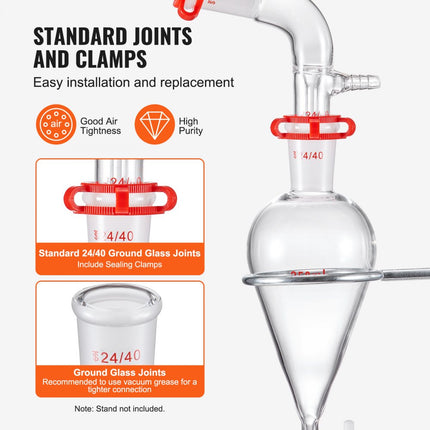 VEVOR laboratoriumdestillatiekit, 3.3 Boro laboratoriumglasdestillatiekit met 24 en 40 verbindingen, 1000 ml etherische oliedestillatieapparatuurset, 29-delige glaswerkset