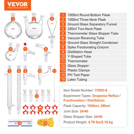 VEVOR laboratoriumdestillatiekit, 3.3 Boro laboratoriumglasdestillatiekit met 24 en 40 verbindingen, 1000 ml etherische oliedestillatieapparatuurset, 29-delige glaswerkset