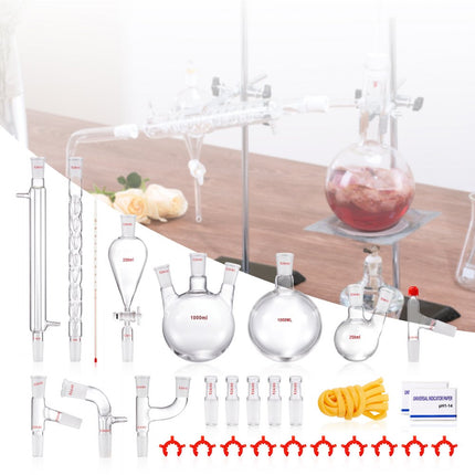 VEVOR laboratoriumdestillatiekit, 3.3 Boro laboratoriumglasdestillatiekit met 24 en 40 verbindingen, 1000 ml etherische oliedestillatieapparatuurset, 29-delige glaswerkset