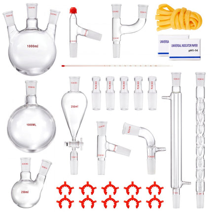 VEVOR laboratoriumdestillatiekit, 3.3 Boro laboratoriumglasdestillatiekit met 24 en 40 verbindingen, 1000 ml etherische oliedestillatieapparatuurset, 29-delige glaswerkset