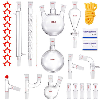 VEVOR laboratoriumdestillatiekit, 3.3 Boro laboratoriumglasdestillatiekit met 24 en 40 verbindingen, 1000 ml etherische oliedestillatieapparatuurset, 29-delige glaswerkset