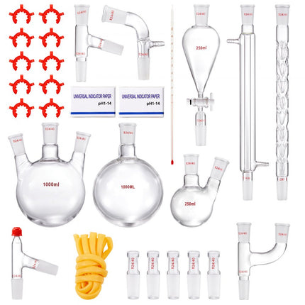 VEVOR laboratoriumdestillatiekit, 3.3 Boro laboratoriumglasdestillatiekit met 24 en 40 verbindingen, 1000 ml etherische oliedestillatieapparatuurset, 29-delige glaswerkset