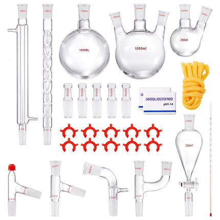 VEVOR laboratoriumdestillatiekit, 3.3 Boro laboratoriumglasdestillatiekit met 24 en 40 verbindingen, 1000 ml etherische oliedestillatieapparatuurset, 29-delige glaswerkset
