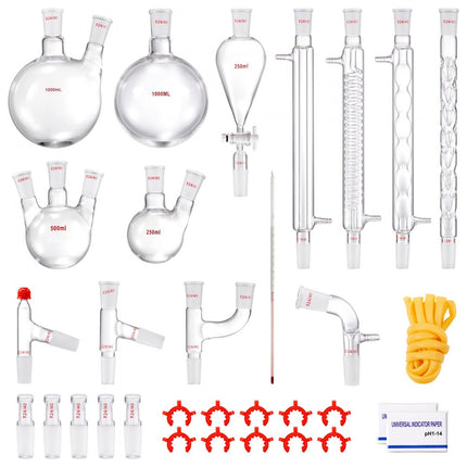 VEVOR laboratoriumdestillatiekit, 3.3 Boro laboratoriumglasdestillatiekit met 24 en 40 verbindingen, 1000 ml etherische oliedestillatieapparatuurset, 32-delige glaswerkset