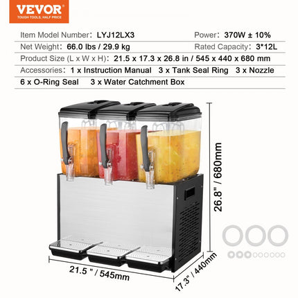 VEVOR Commerciële Drankdispenser 12Lx3 Dispenser Koude Sappen IJsdranken