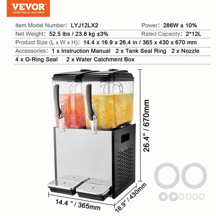 VEVOR Commerciële Drankdispenser 12Lx2 Dispenser Koude Sappen IJsdranken