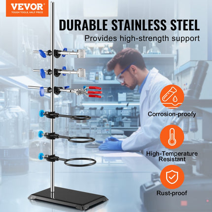 VEVOR laboratoriumstandaardondersteuning, laboratoriumretortondersteuningsstandaard 1 set, stalen laboratoriumstandaard met 60 cm staaf en 210,82 x 135 mm gietijzeren basis, inclusief zuigerklemmen, buretklemmen en kruisklemmen