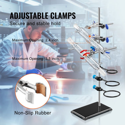 VEVOR laboratoriumstandaardondersteuning, laboratoriumretortondersteuningsstandaard 1 set, stalen laboratoriumstandaard met 60 cm staaf en 210,82 x 135 mm gietijzeren basis, inclusief zuigerklemmen, buretklemmen en kruisklemmen