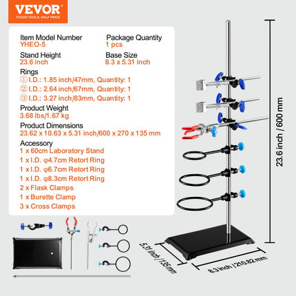 VEVOR laboratoriumstandaardondersteuning, laboratoriumretortondersteuningsstandaard 1 set, stalen laboratoriumstandaard met 60 cm staaf en 210,82 x 135 mm gietijzeren basis, inclusief zuigerklemmen, buretklemmen en kruisklemmen