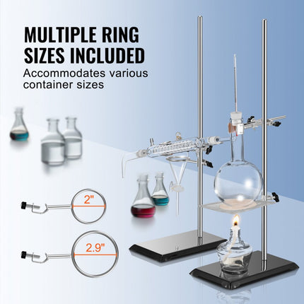 VEVOR laboratoriumstandaardondersteuning, laboratoriumretortondersteuningsstandaard 2 sets, stalen laboratoriumstandaard met 60 cm staaf en 210,82 x 135 mm gietijzeren basis, inclusief zuigerklemmen, buretklemmen en kruisklemmen