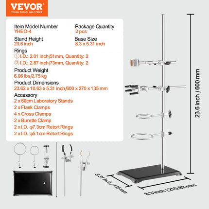 VEVOR laboratoriumstandaardondersteuning, laboratoriumretortondersteuningsstandaard 2 sets, stalen laboratoriumstandaard met 60 cm staaf en 210,82 x 135 mm gietijzeren basis, inclusief zuigerklemmen, buretklemmen en kruisklemmen
