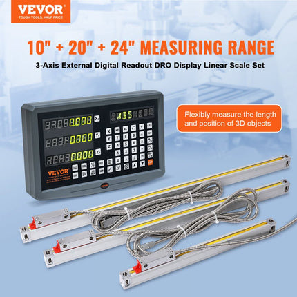 VEVOR Digitaal display 250, 500, 600 mm 3-assige lineaire schaal DRO Ondersteuning Pin Meshouder Plaatbehuizing Horlogestroomkabelhouder Horlogemunt Vlinder Schroefdeksel Liniaal