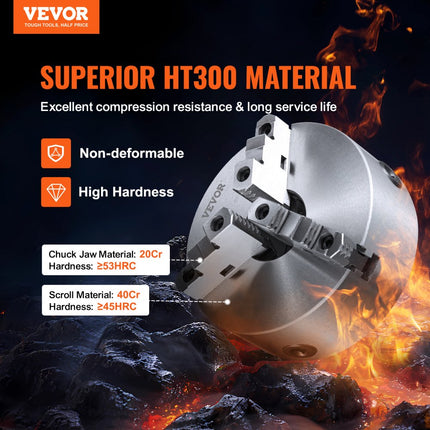 VEVOR klauwplaat K11-250 250 mm drieklauwplaat HT300 materiaal 3-klauwplaat klembereik 6-250 mm 3-klauw, 20Cr, ≥53HRC φ80 mm boorhouder draaibank zelfcentrerend