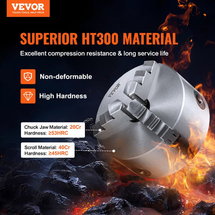 VEVOR klauwplaat K11-160 160 mm drieklauwplaat HT300 materiaal 3-klauwplaat klembereik 3,5-160 mm 3-klauwplaat, 20Cr, ≥53HRC φ45 mm boorhouder draaibank zelfcentrerend