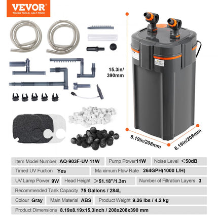 VEVOR Aquariumfilter 264GPH, 3-traps potfilter 284L, ultrastil intern aquariumfilter met UV-bescherming, multifunctioneel dompelbaar vermogensfilter voor aquaria, 11W