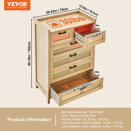 VEVOR rotan ladekast woonkamerkast 5 laden houtkleur licht