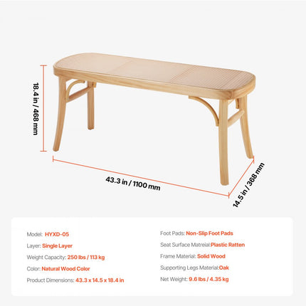 VEVOR rotan bank houten bank entreebank 110cm woonkamer slaapkamer hal 113kg