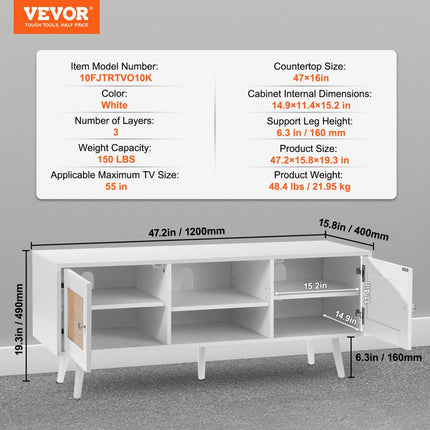 VEVOR Rotan tv-meubel, tv-meubel Boho tv-meubel voor 140 cm tv, retro tv-meubel, rotan tv-console met verstelbare planken en 2 deuren, voor woonkamer, mediaruimte, wit