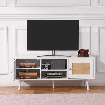 VEVOR Rotan tv-meubel, tv-meubel Boho tv-meubel voor 140 cm tv, retro tv-meubel, rotan tv-console met verstelbare planken en 2 deuren, voor woonkamer, mediaruimte, wit