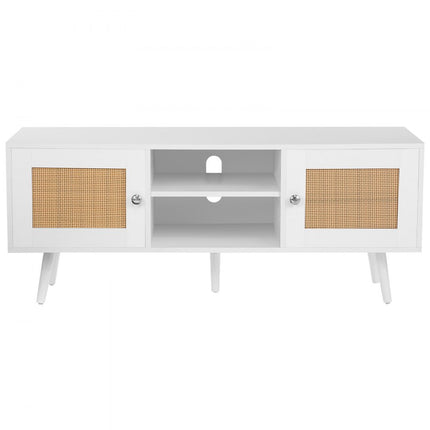 VEVOR Rotan tv-meubel, tv-meubel Boho tv-meubel voor 140 cm tv, retro tv-meubel, rotan tv-console met verstelbare planken en 2 deuren, voor woonkamer, mediaruimte, wit
