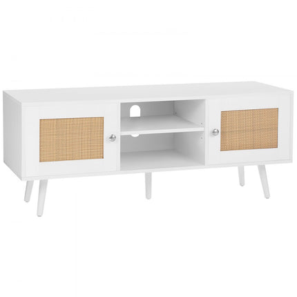 VEVOR Rotan tv-meubel, tv-meubel Boho tv-meubel voor 140 cm tv, retro tv-meubel, rotan tv-console met verstelbare planken en 2 deuren, voor woonkamer, mediaruimte, wit