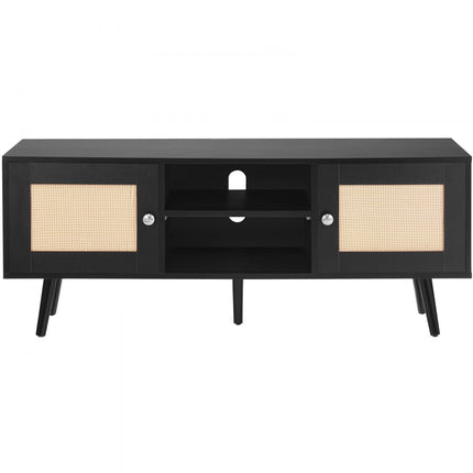 VEVOR Rotan tv-meubel, tv-meubel Boho tv-meubel voor 140 cm tv, retro tv-meubel, rotan tv-console met verstelbare planken en 2 deuren, voor woonkamer, mediaruimte, zwart