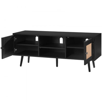 VEVOR Rotan tv-meubel, tv-meubel Boho tv-meubel voor 140 cm tv, retro tv-meubel, rotan tv-console met verstelbare planken en 2 deuren, voor woonkamer, mediaruimte, zwart