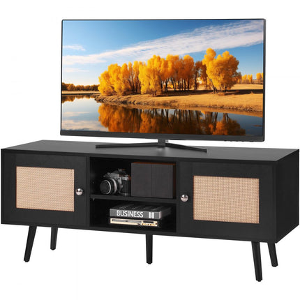 VEVOR Rotan tv-meubel, tv-meubel Boho tv-meubel voor 140 cm tv, retro tv-meubel, rotan tv-console met verstelbare planken en 2 deuren, voor woonkamer, mediaruimte, zwart