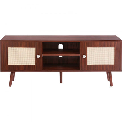 VEVOR Rotan tv-meubel, tv-meubel Boho tv-meubel voor 140 cm tv, retro tv-meubel, rotan tv-console met verstelbare planken en 2 deuren, voor woonkamer, mediaruimte, walnoot