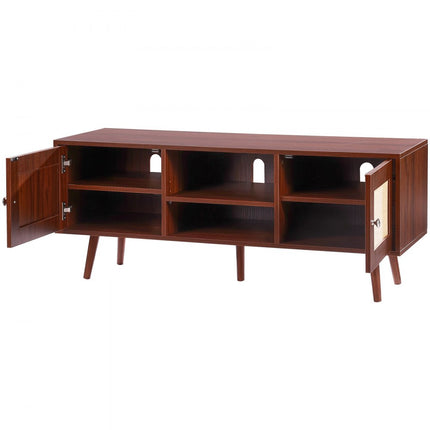 VEVOR Rotan tv-meubel, tv-meubel Boho tv-meubel voor 140 cm tv, retro tv-meubel, rotan tv-console met verstelbare planken en 2 deuren, voor woonkamer, mediaruimte, walnoot