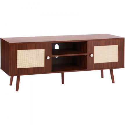 VEVOR Rotan tv-meubel, tv-meubel Boho tv-meubel voor 140 cm tv, retro tv-meubel, rotan tv-console met verstelbare planken en 2 deuren, voor woonkamer, mediaruimte, walnoot