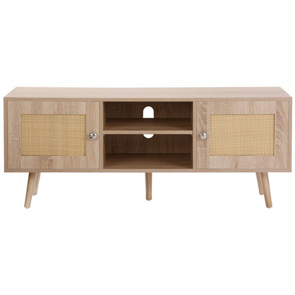 VEVOR Rotan tv-meubel, tv-meubel Boho tv-meubel voor 140 cm tv, retro tv-meubel, rotan tv-console met verstelbare planken en 2 deuren, voor woonkamer, mediaruimte, eiken
