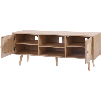 VEVOR Rotan tv-meubel, tv-meubel Boho tv-meubel voor 140 cm tv, retro tv-meubel, rotan tv-console met verstelbare planken en 2 deuren, voor woonkamer, mediaruimte, eiken