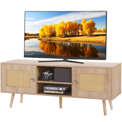 VEVOR Rotan tv-meubel, tv-meubel Boho tv-meubel voor 140 cm tv, retro tv-meubel, rotan tv-console met verstelbare planken en 2 deuren, voor woonkamer, mediaruimte, eiken