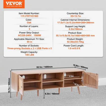 VEVOR Rotan TV-meubel 165cm TV Boho TV-meubel TV-meubel eiken
