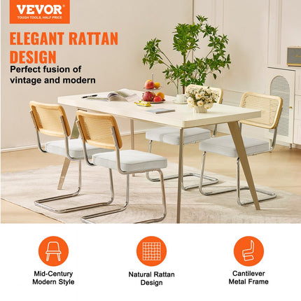 VEVOR rotan stoelen set van 4 moderne eetkamerstoelen gewatteerde fluwelen accentstoel met rotan rugleuning retro eetkeukenstoel voor woonkamer slaapkamer leeskamer wit