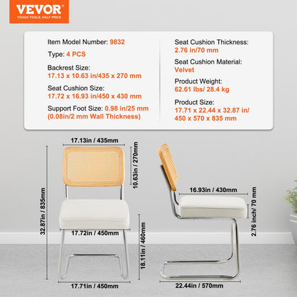 VEVOR rotan stoelen set van 4 moderne eetkamerstoelen gewatteerde fluwelen accentstoel met rotan rugleuning retro eetkeukenstoel voor woonkamer slaapkamer leeskamer wit