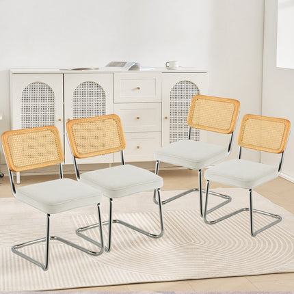 VEVOR rotan stoelen set van 4 moderne eetkamerstoelen gewatteerde fluwelen accentstoel met rotan rugleuning retro eetkeukenstoel voor woonkamer slaapkamer leeskamer wit