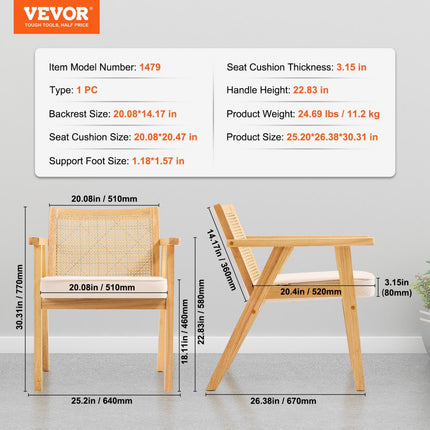 VEVOR Rotan stoel Middeleeuwse moderne tuinstoel met armleuning, 1 stuks gestoffeerde stoel met rotan rugleuning, tuin balkon terras stapelstoel tuinstoel woonkamer, slaapkamer, leeskamer