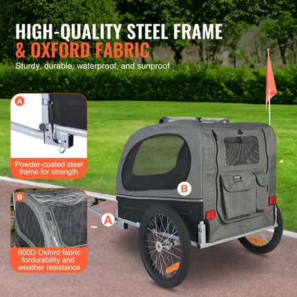 VEVOR Hondenkar 40 kg Fietskar Koolstofstaal + 600D Oxfordstof + PP Opvouwbaar 1440 x 720 x 779 mm als aanhanger Opgevouwen Afmeting 760 x 560 x 195 mm Hondenbuggy Joggerkar Zwart en Grijs