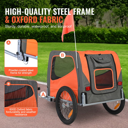 VEVOR Hondenkar 30 kg Fietskar Koolstofstaal + 600D Oxford-stof + PP Opvouwbaar 1440 x 720 x 779 mm als aanhanger Opgevouwen Afmeting 760 x 560 x 195 mm Hondenbuggy Joggeraanhanger Oranje en grijs